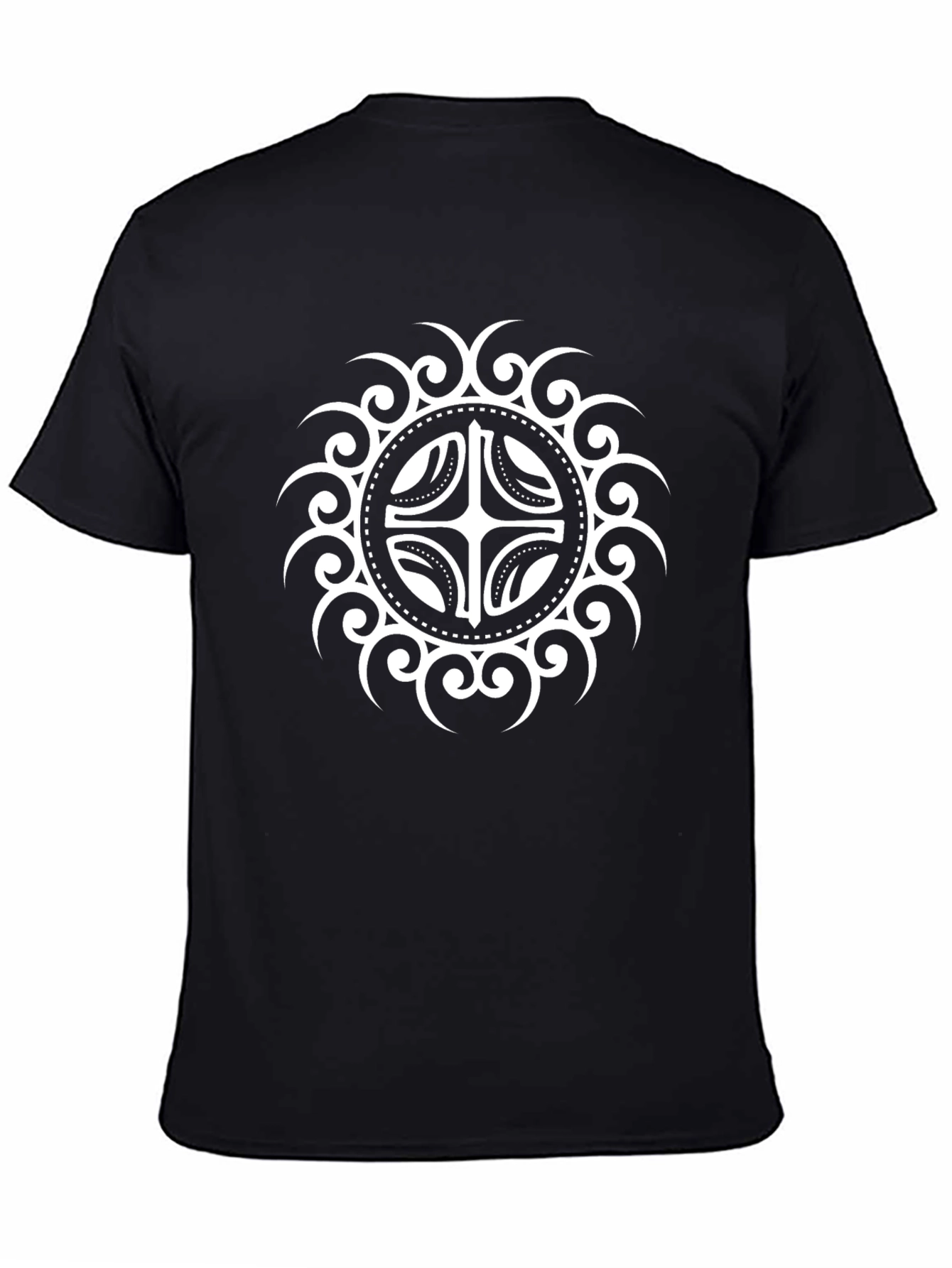 Camiseta Negra con Diseño Circular Abstracto Blanco