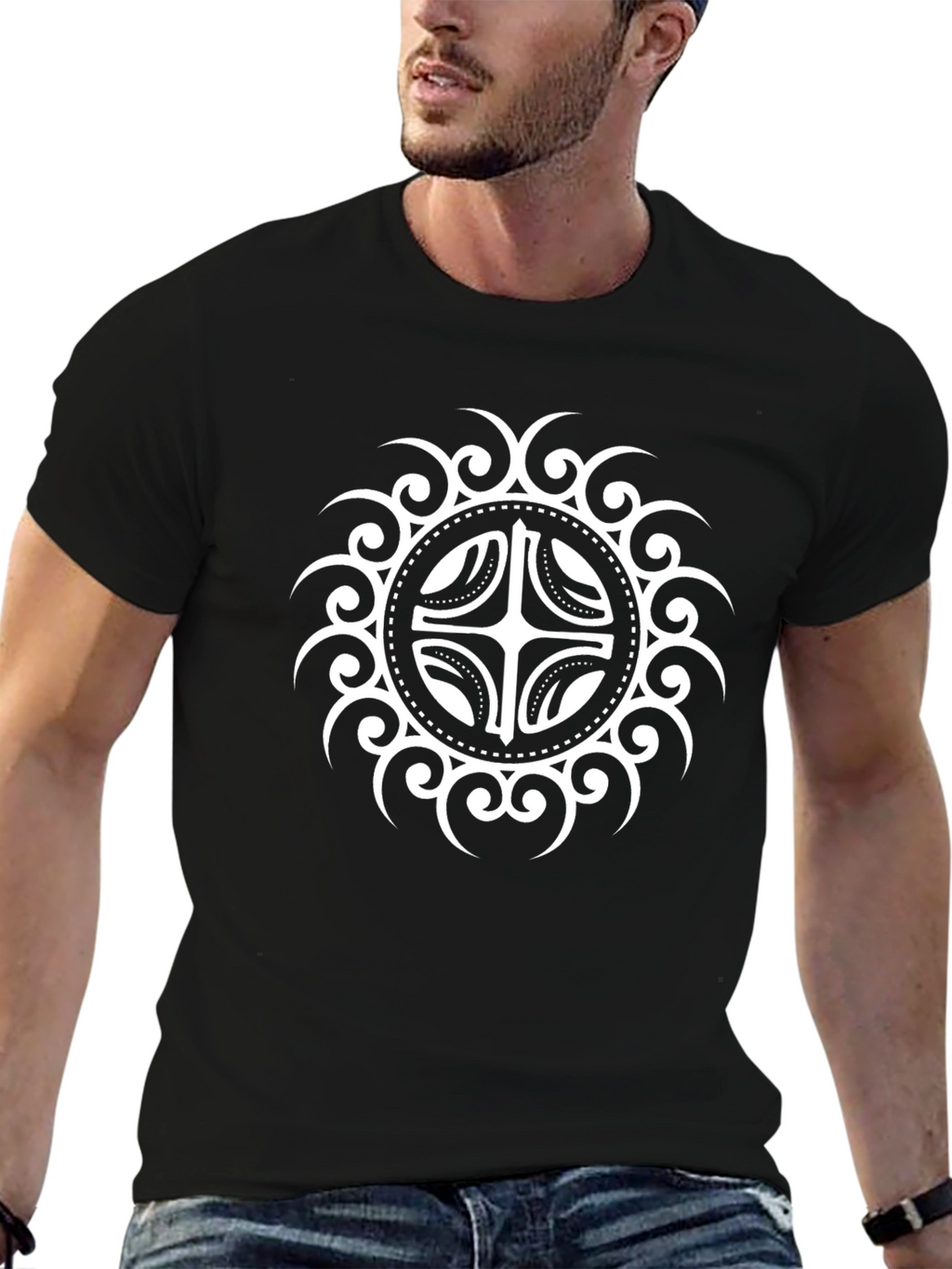 Camiseta Negra con Diseño Circular Abstracto Blanco