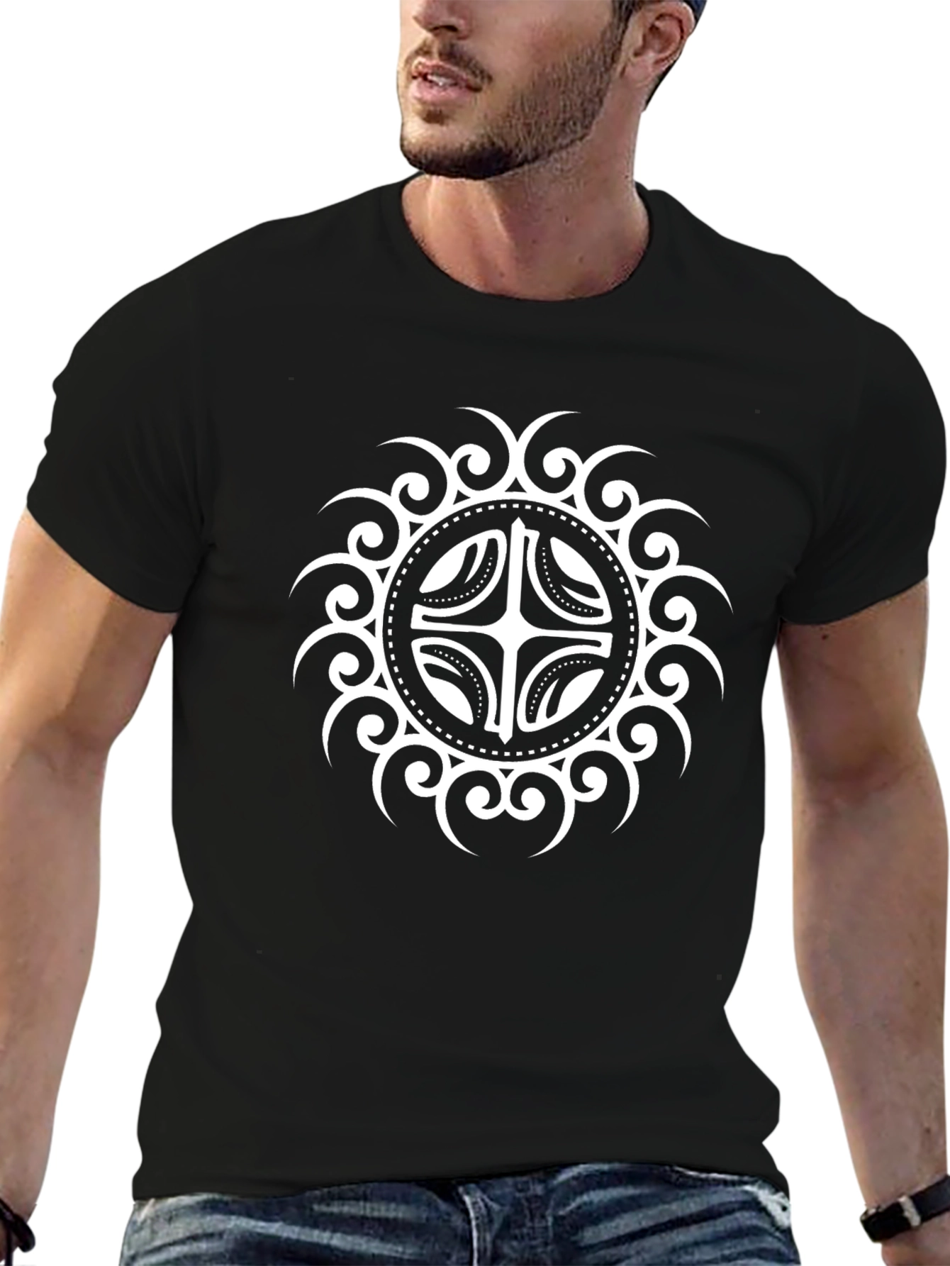Camiseta Negra con Diseño Circular Abstracto Blanco