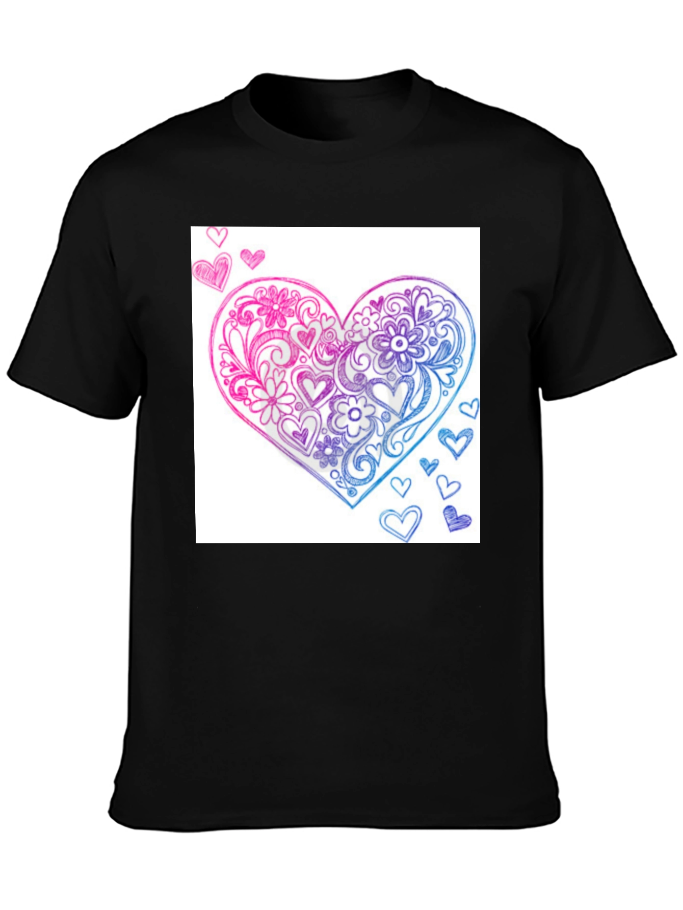 Camiseta Negra con Corazón Floral Rosa y Azul
