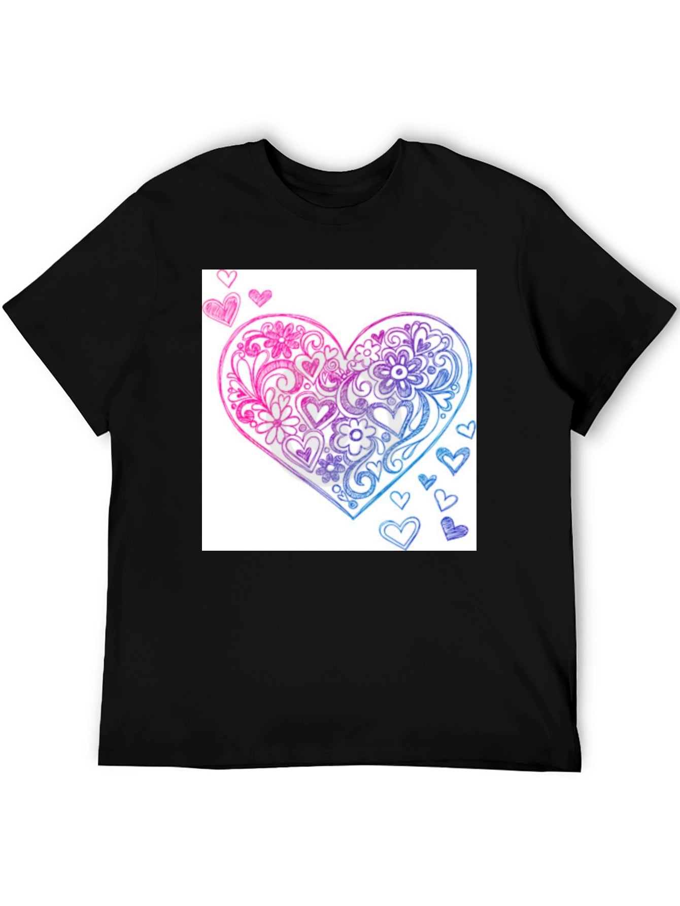 Camiseta Negra con Corazón Floral Rosa y Azul