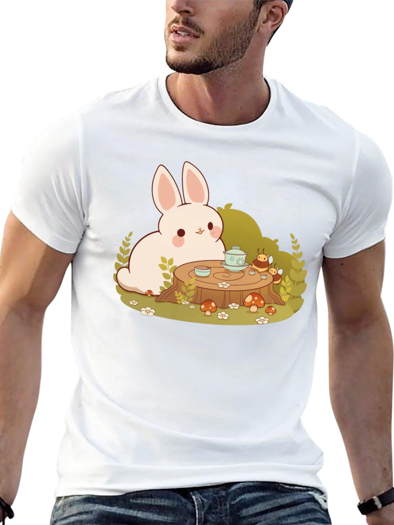 Camiseta Negra con Diseño de Conejo y Té