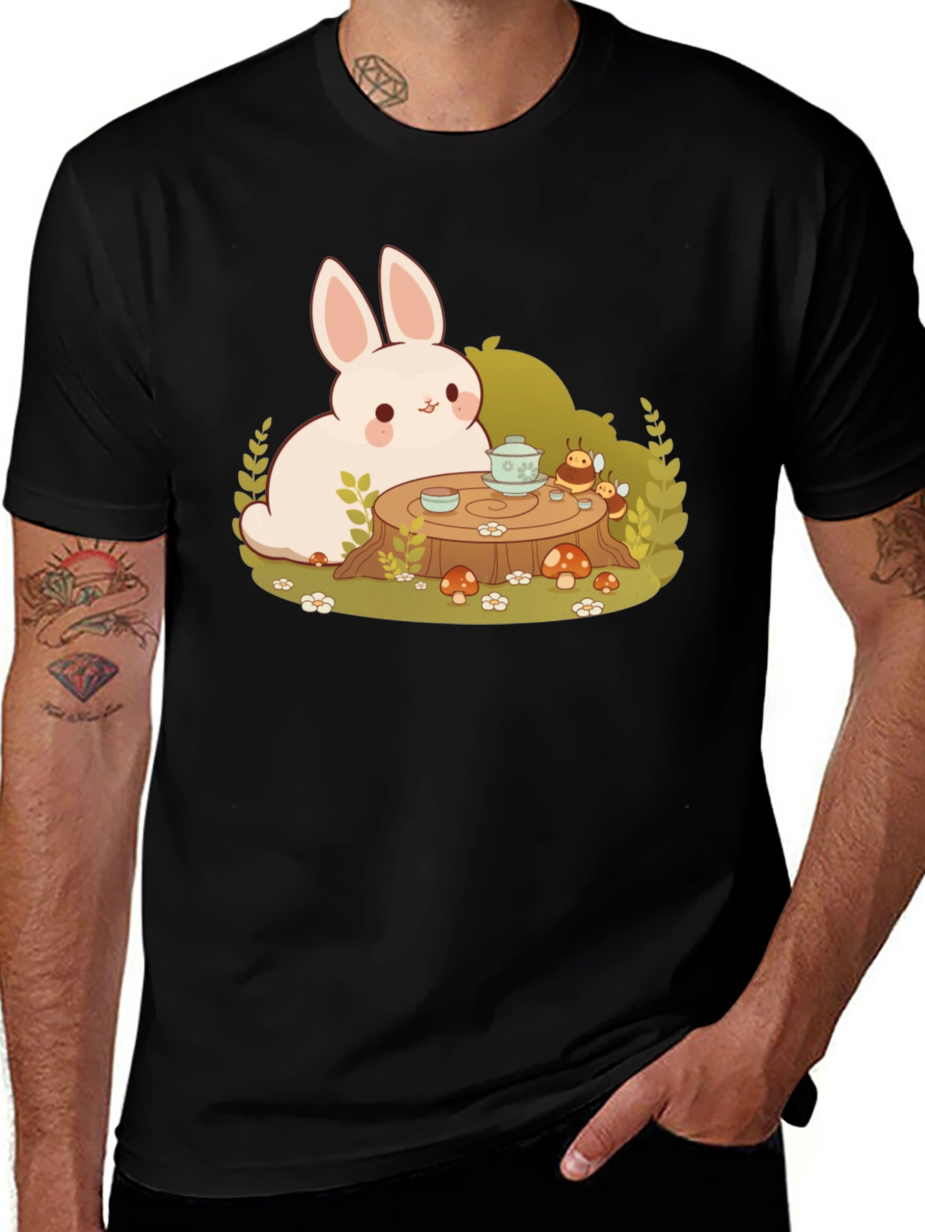 Camiseta Negra con Diseño de Conejo y Té