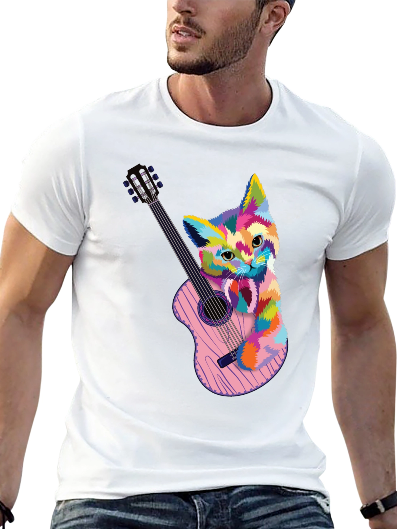 Camiseta Hombre Gato Guitarra Colorida