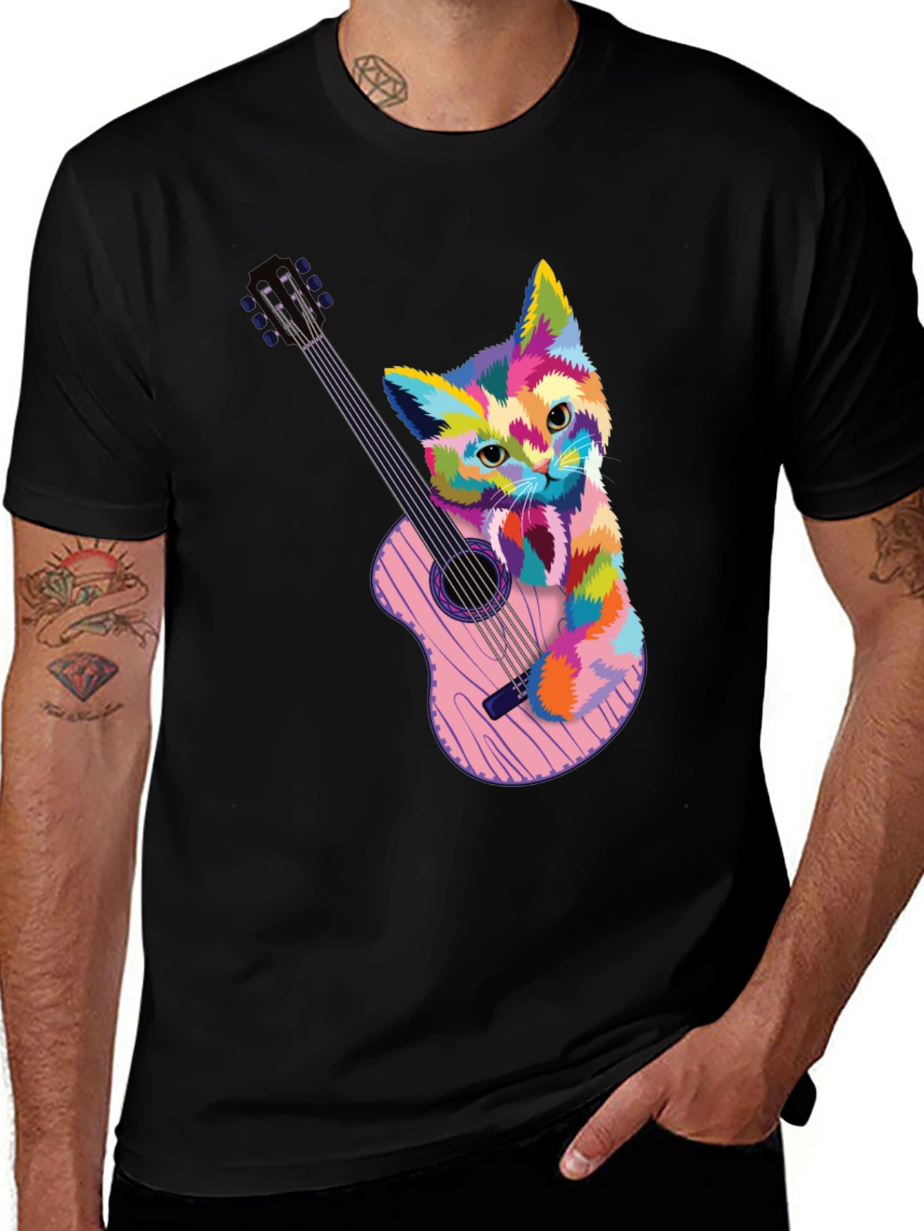 Camiseta Hombre Gato Guitarra Colorida