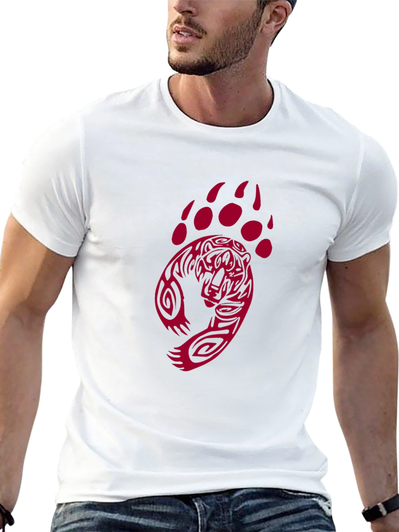Camiseta Negra con Diseño de Oso Tribal Rojo