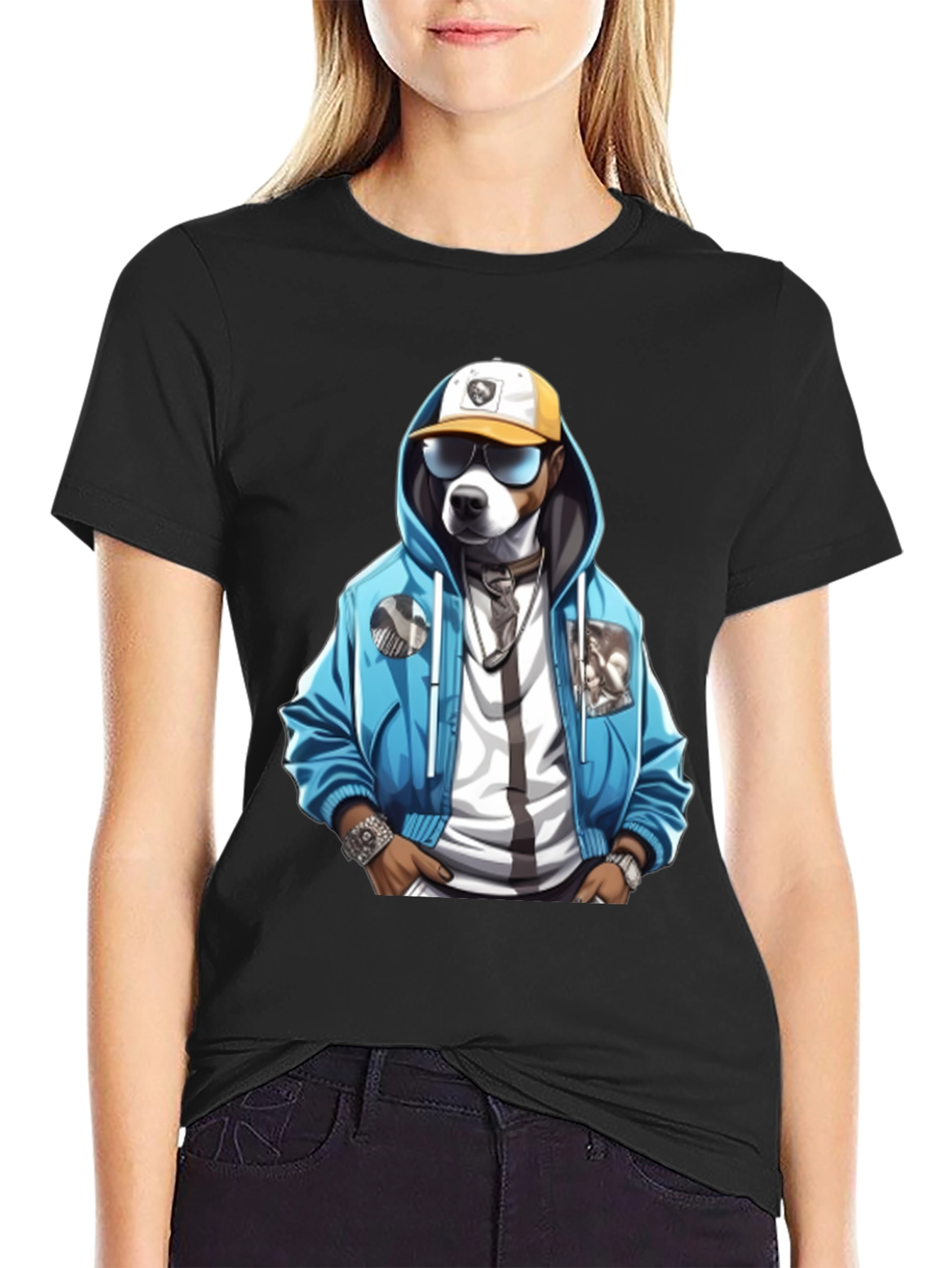 Camiseta Negra con Diseño de Perro Hipster