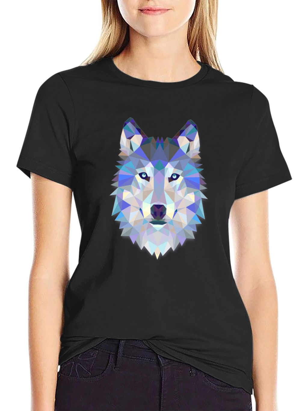 Camiseta Negra con Diseño de Lobo Geométrico