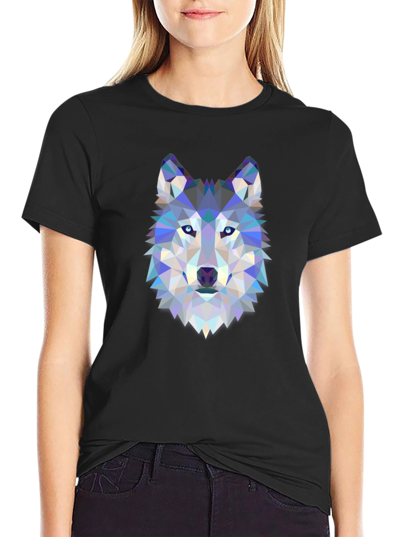 Camiseta Negra con Diseño de Lobo Geométrico