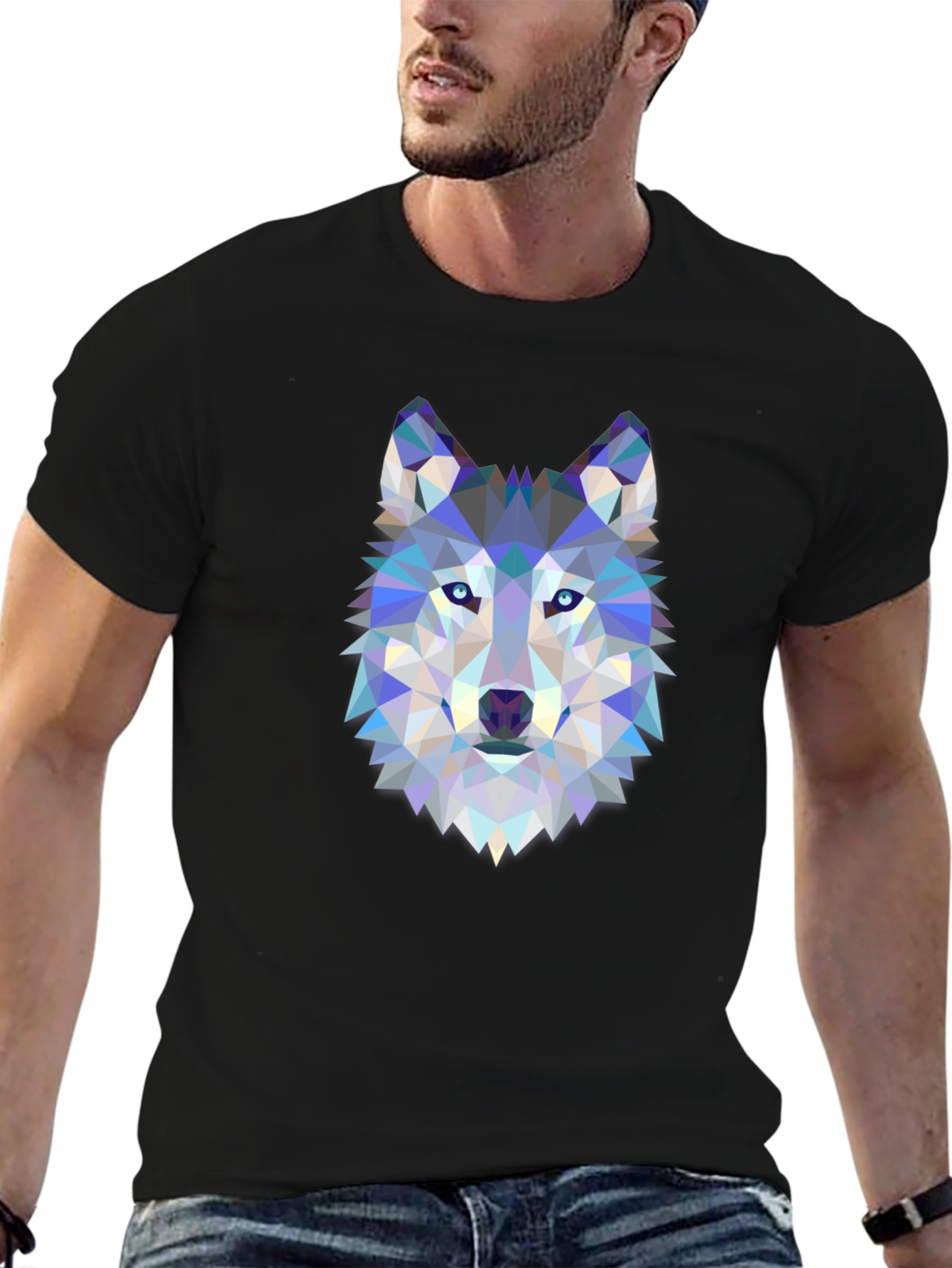 Camiseta Negra con Diseño de Lobo Geométrico