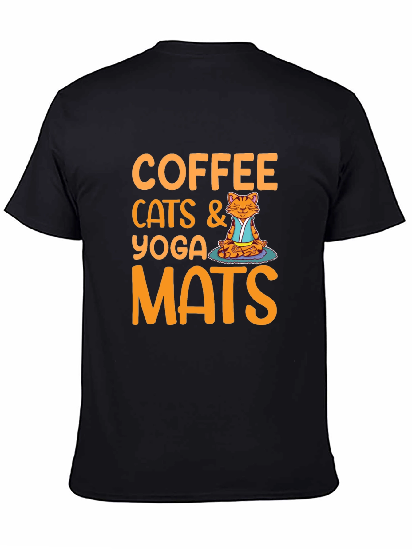 Camiseta Negra con Diseño de Gato Yoga y Café