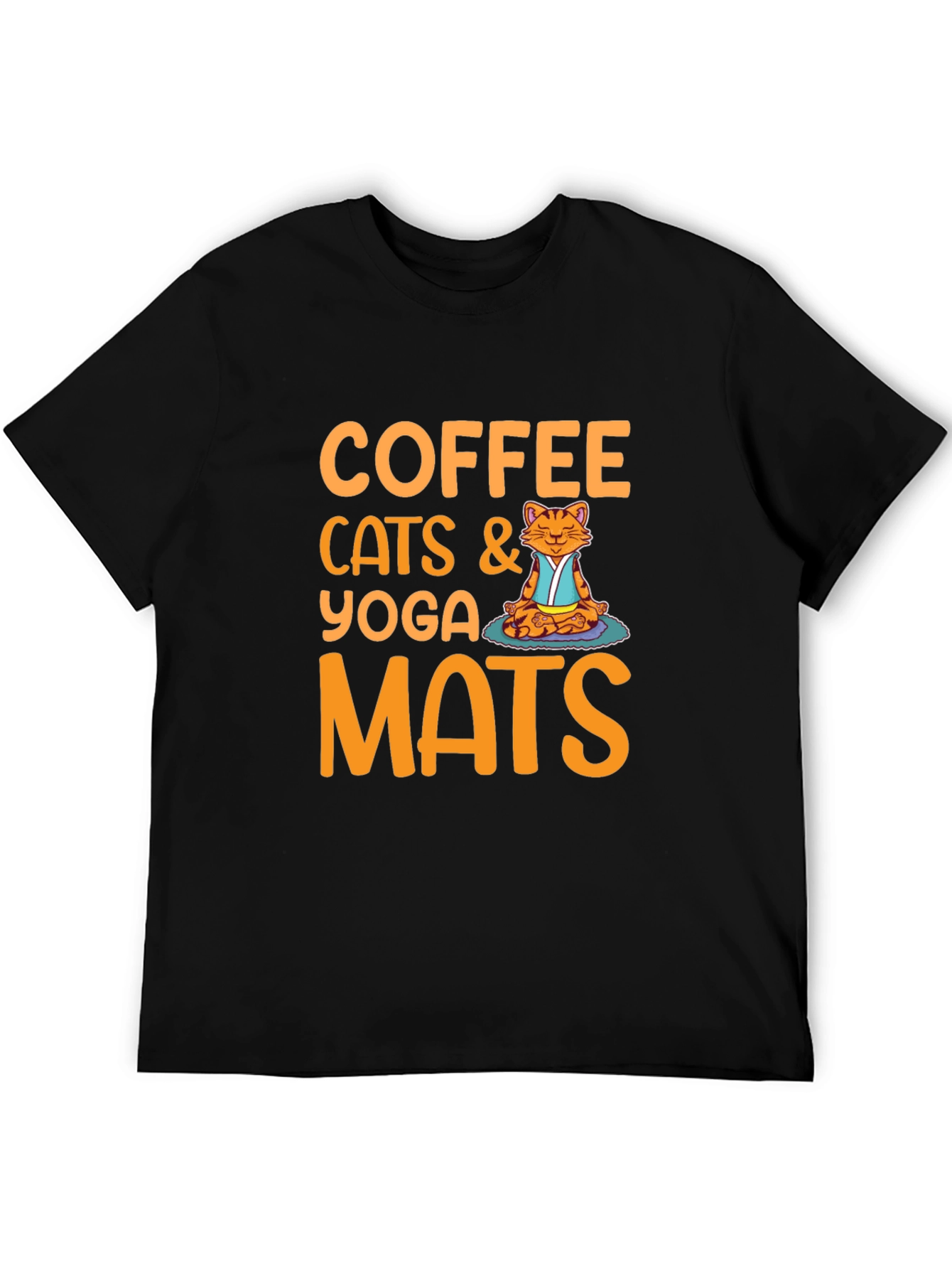 Camiseta Negra con Diseño de Gato Yoga y Café