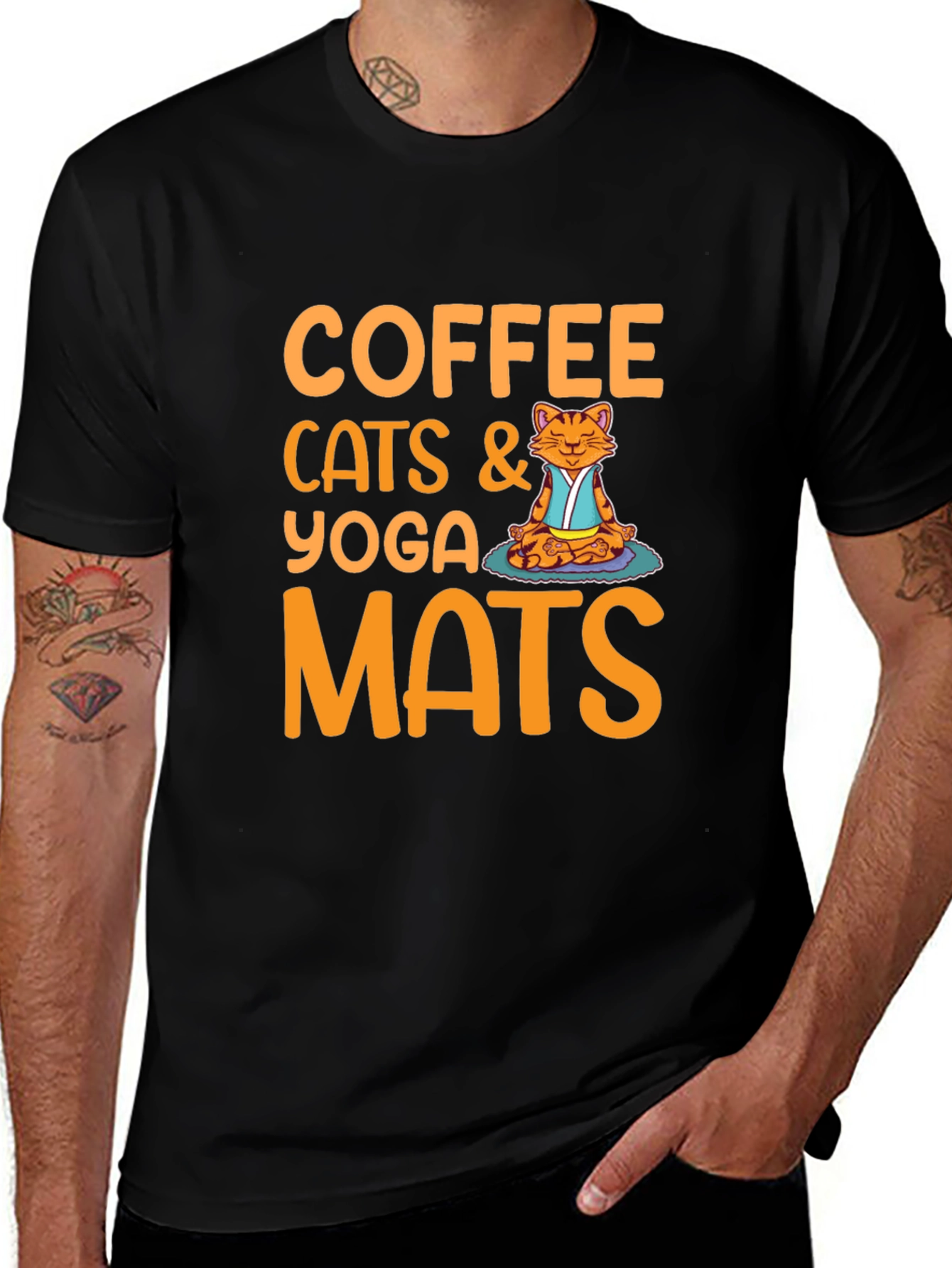 Camiseta Negra con Diseño de Gato Yoga y Café