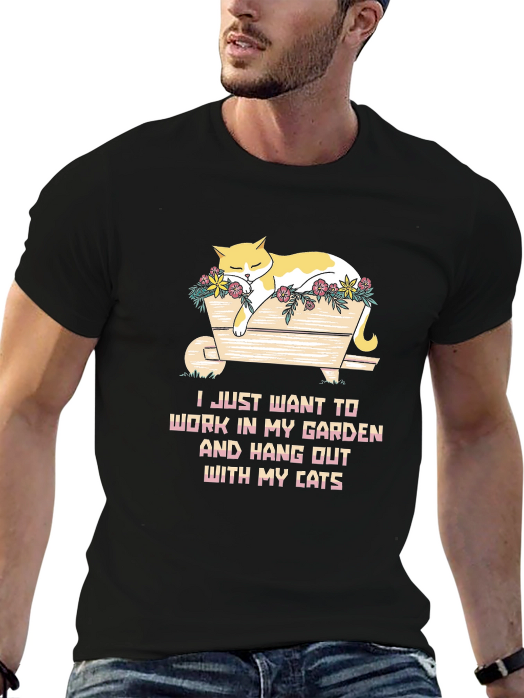 Camiseta Negra con Diseño de Gato Jardinero