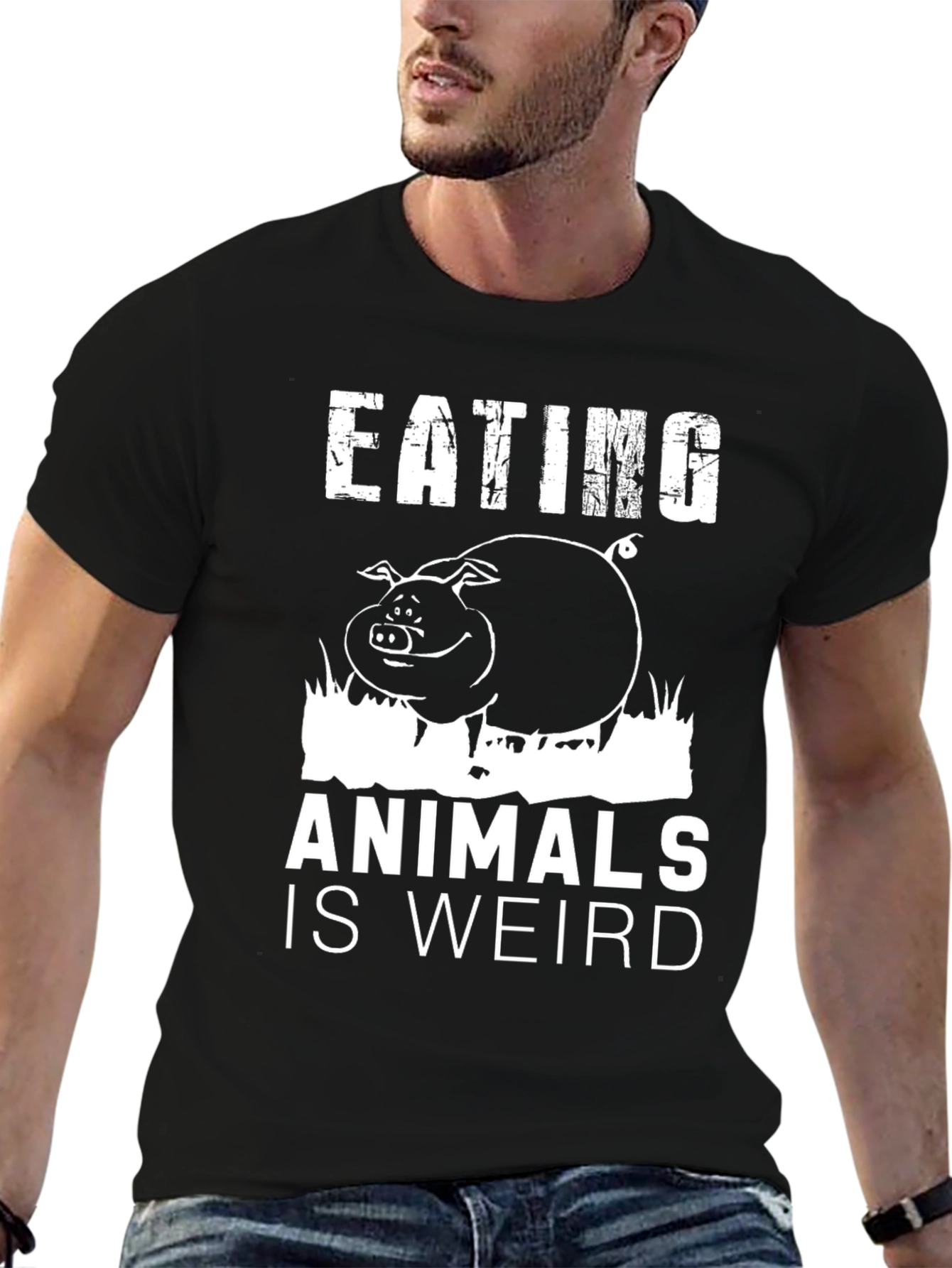 Camiseta Negra con Diseño de Cerdo Vegano