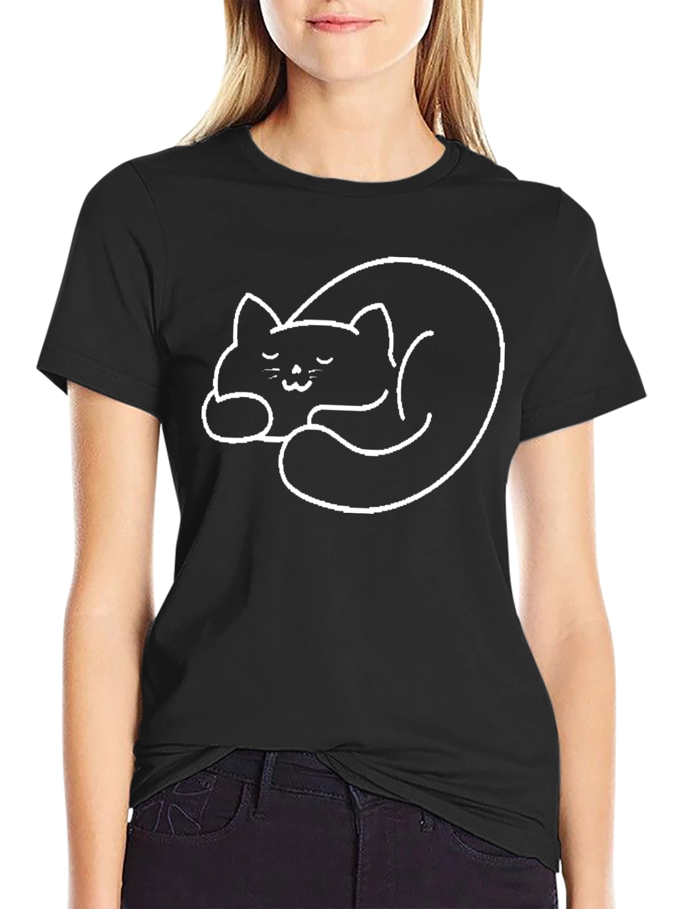 Camiseta Negra con Diseño de Gato Dormilón