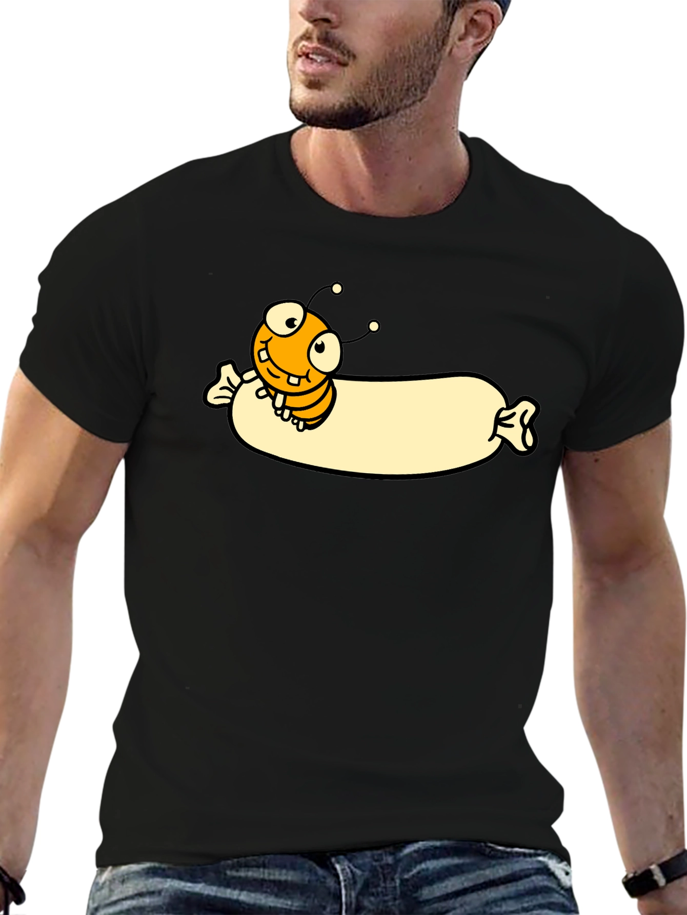 Camiseta Negra con Dibujo de Gusano Sonriente