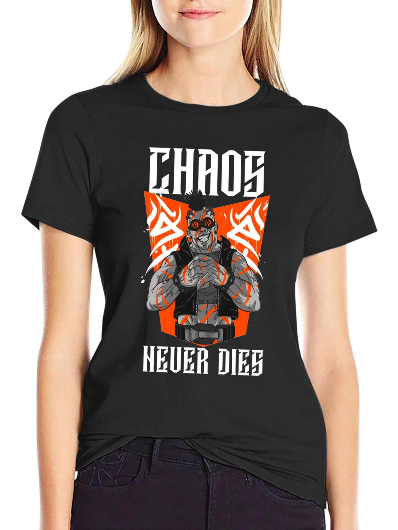 Camiseta Negra Chaos Never Dies Estilo Cyberpunk