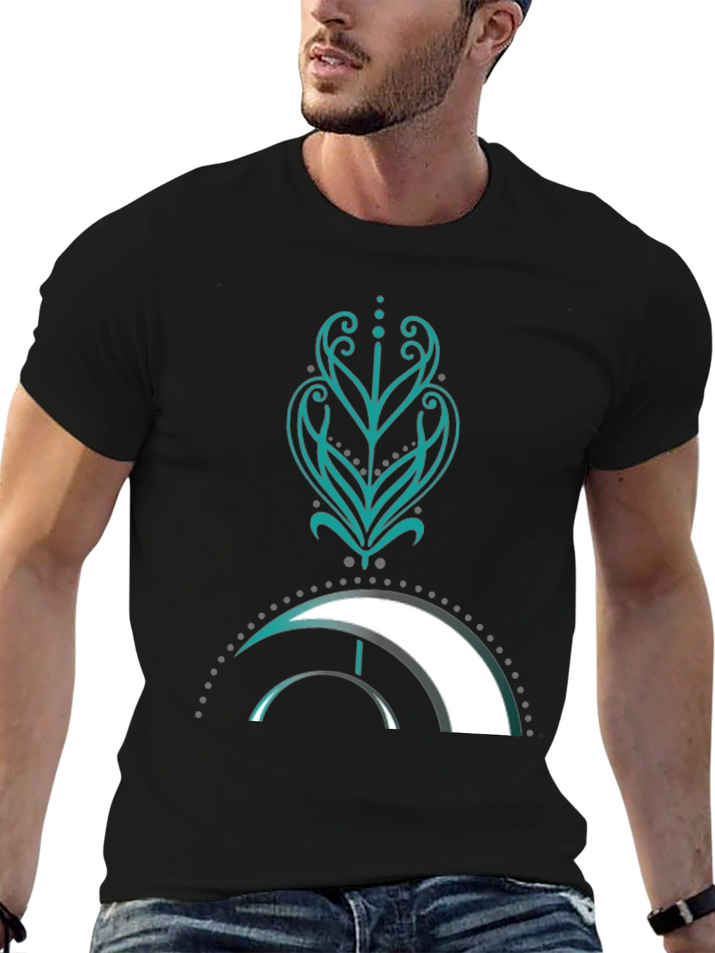 Camiseta Negra con Diseño Abstracto Turquesa