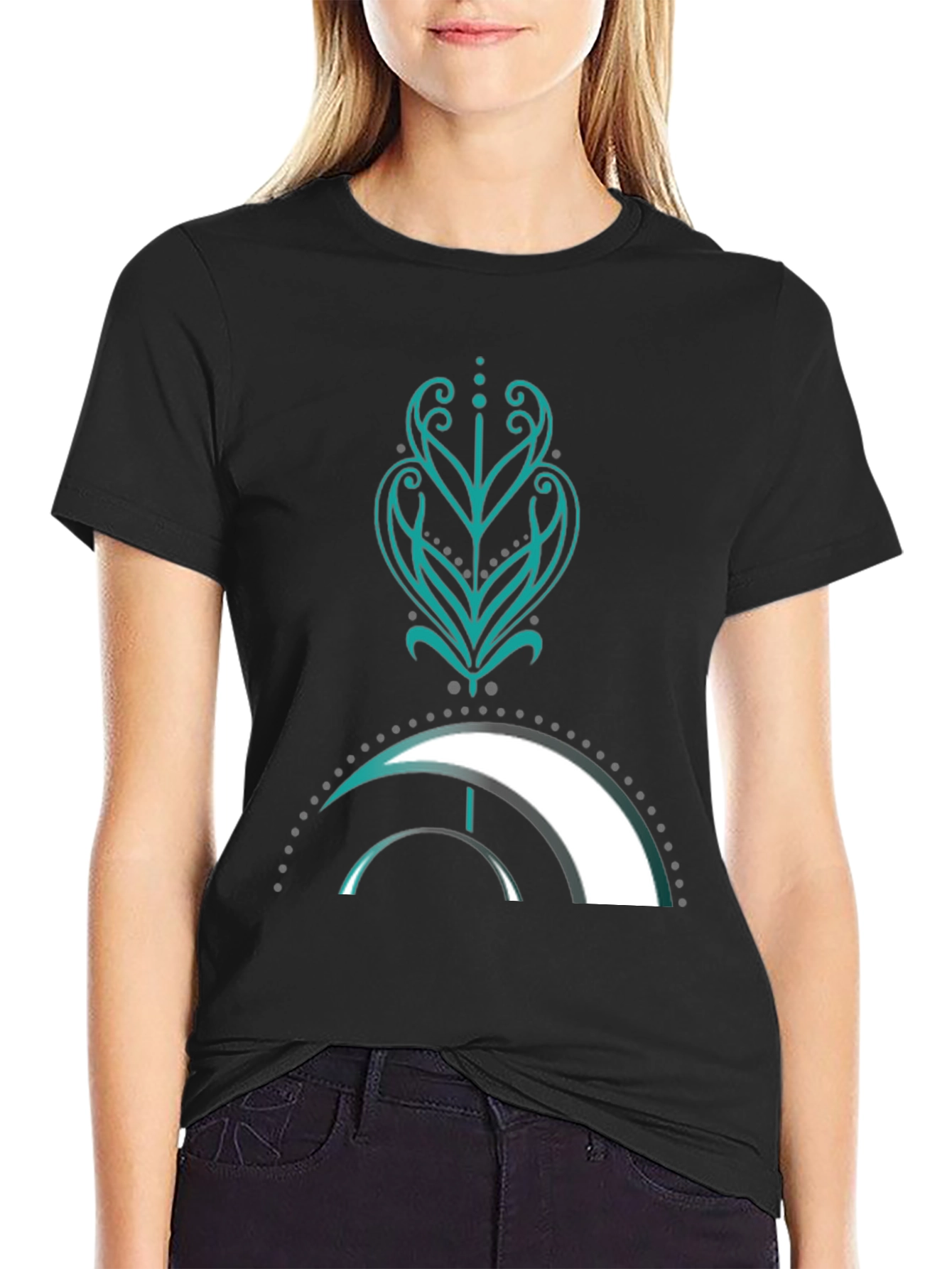 Camiseta Negra con Diseño Abstracto Turquesa