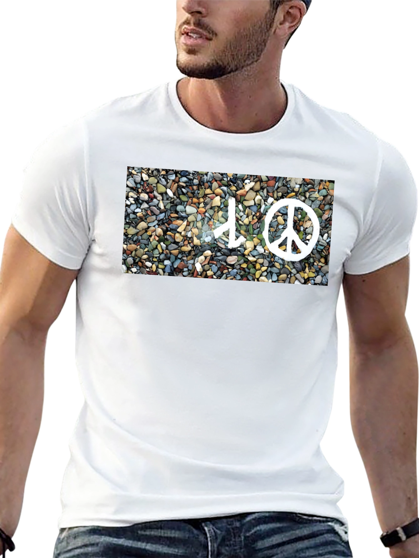 Camiseta Negra con Diseño de Paz y Piedras