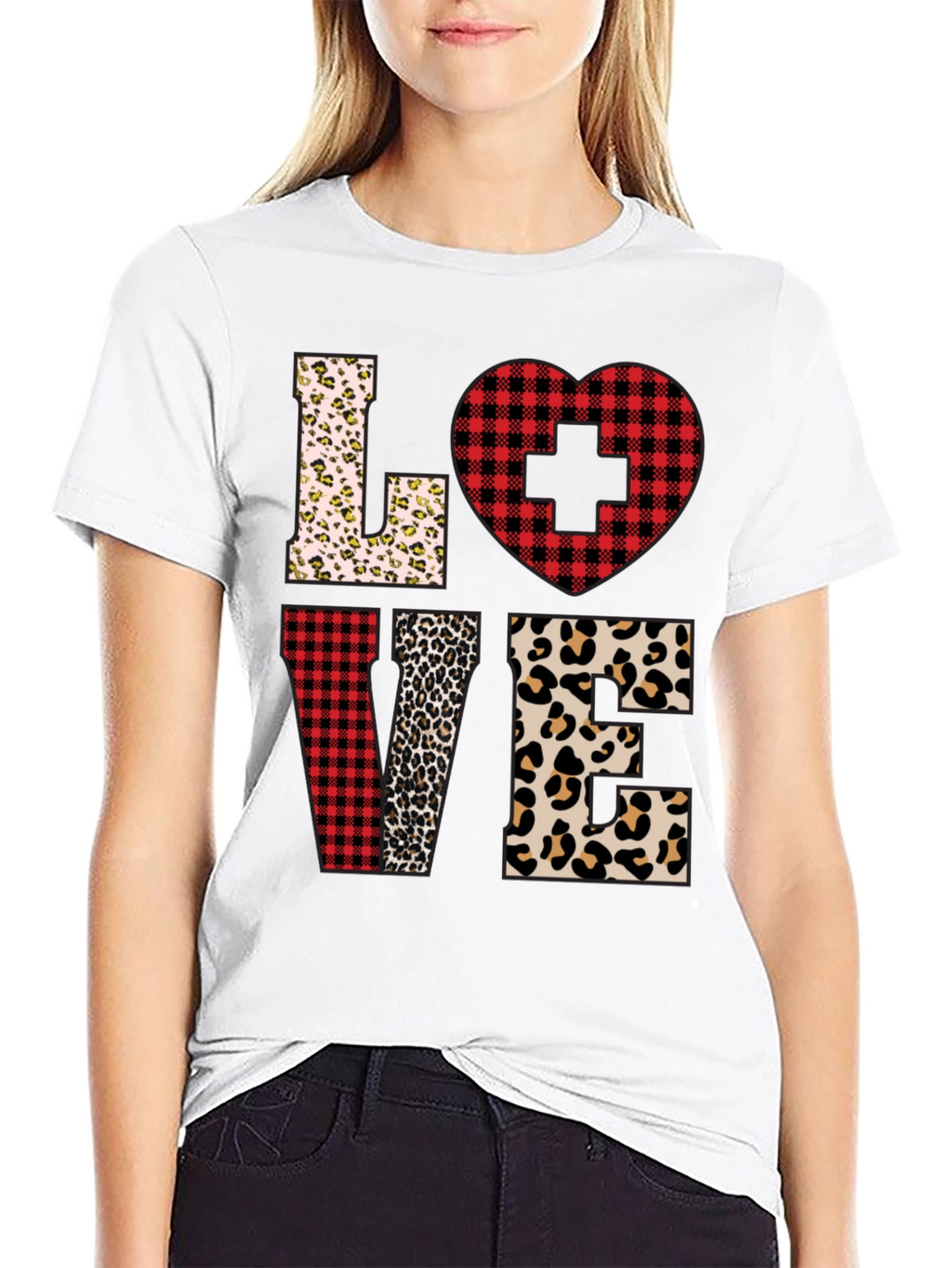 Camiseta Love Enfermera Diseño Leopardo y Cuadros