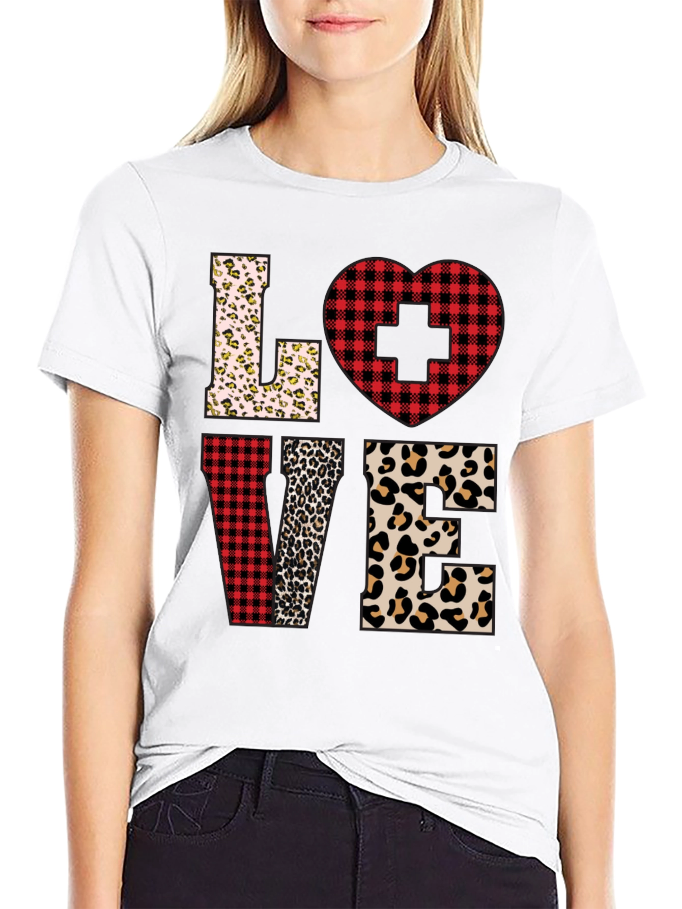 Camiseta Love Enfermera Diseño Leopardo y Cuadros