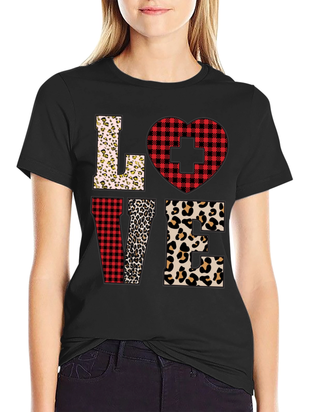Camiseta Love Enfermera Diseño Leopardo y Cuadros