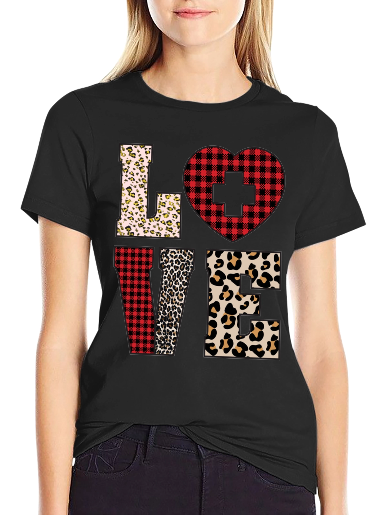 Camiseta Love Enfermera Diseño Leopardo y Cuadros