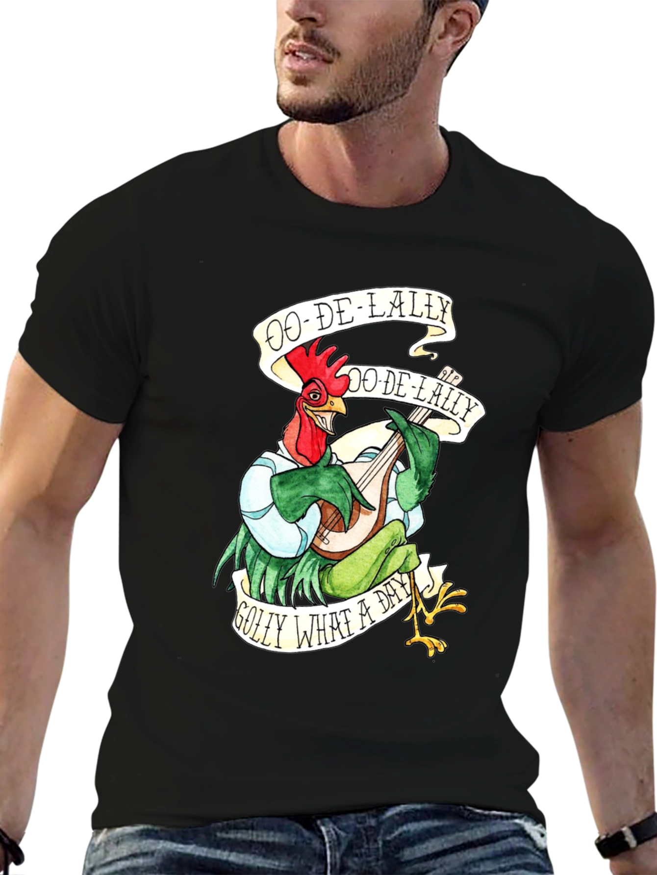 Camiseta Negra con Diseño de Gallo Músico