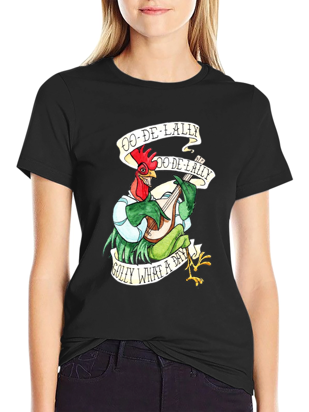 Camiseta Negra con Diseño de Gallo Músico