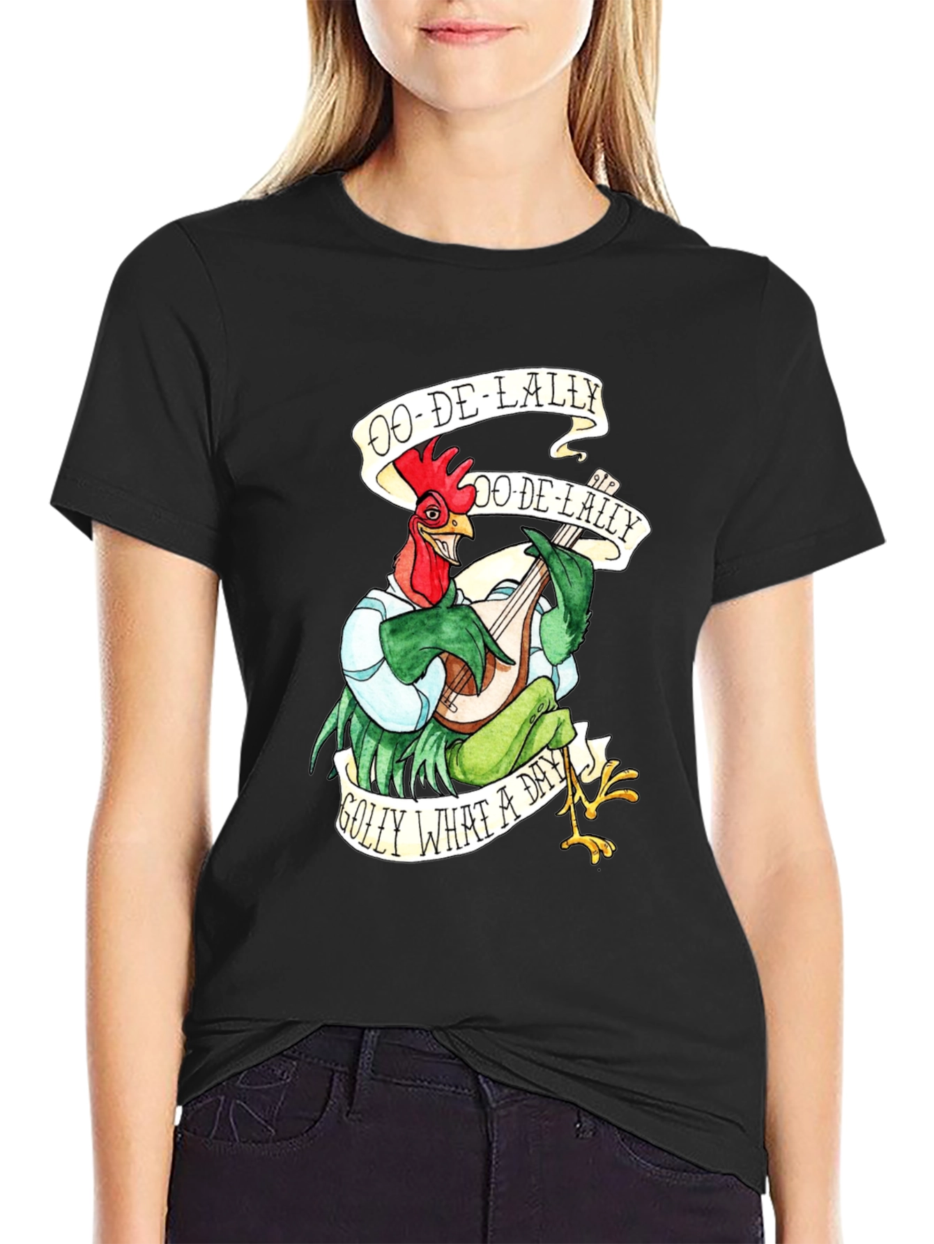 Camiseta Negra con Diseño de Gallo Músico