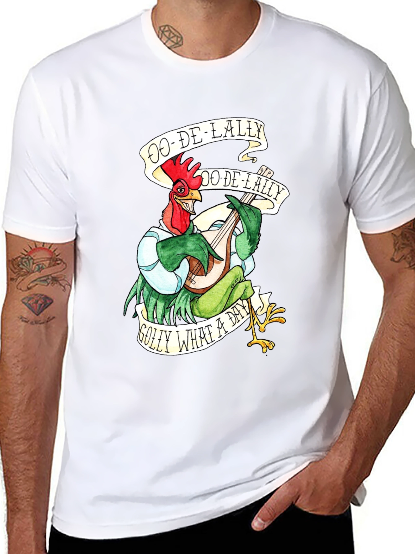 Camiseta Negra con Diseño de Gallo Músico