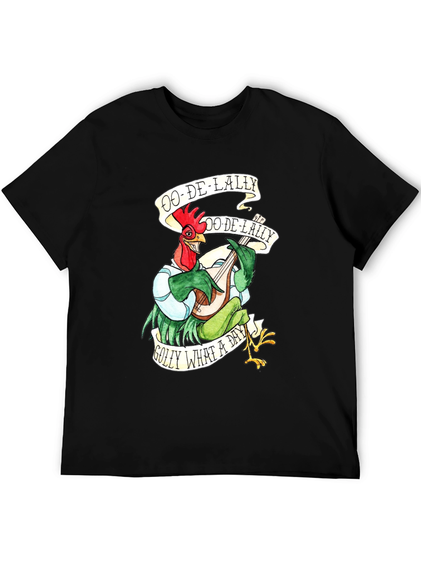 Camiseta Negra con Diseño de Gallo Músico