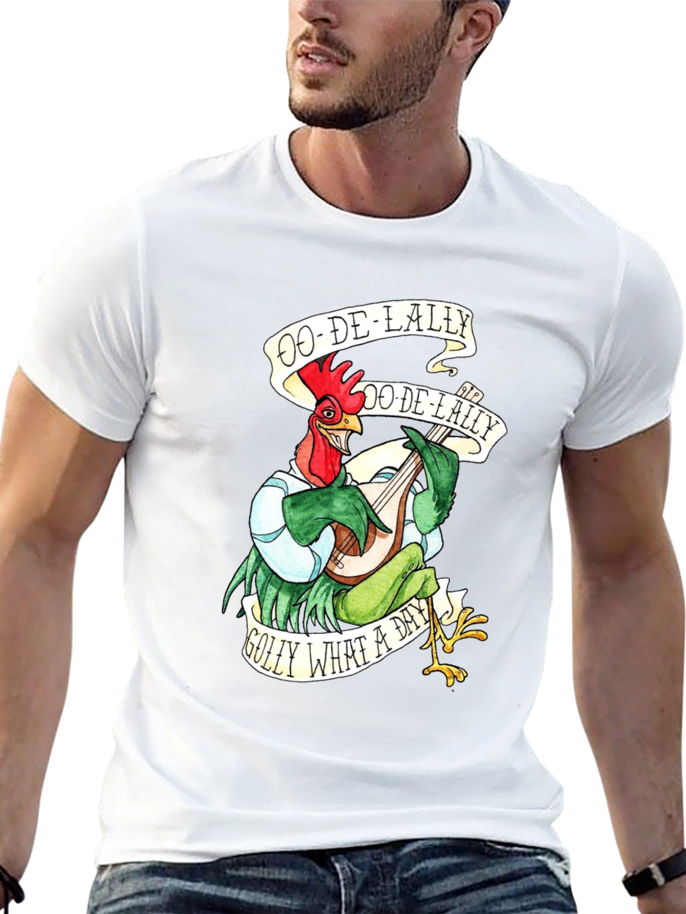 Camiseta Negra con Diseño de Gallo Músico