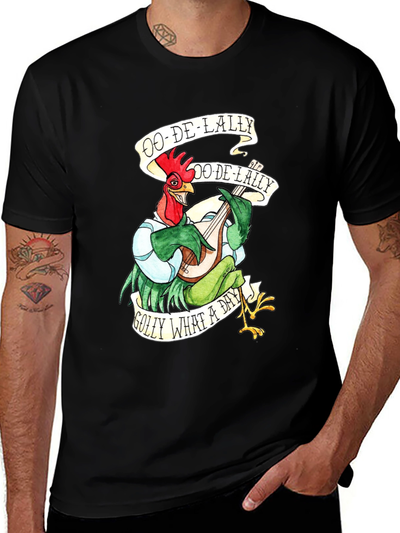 Camiseta Negra con Diseño de Gallo Músico