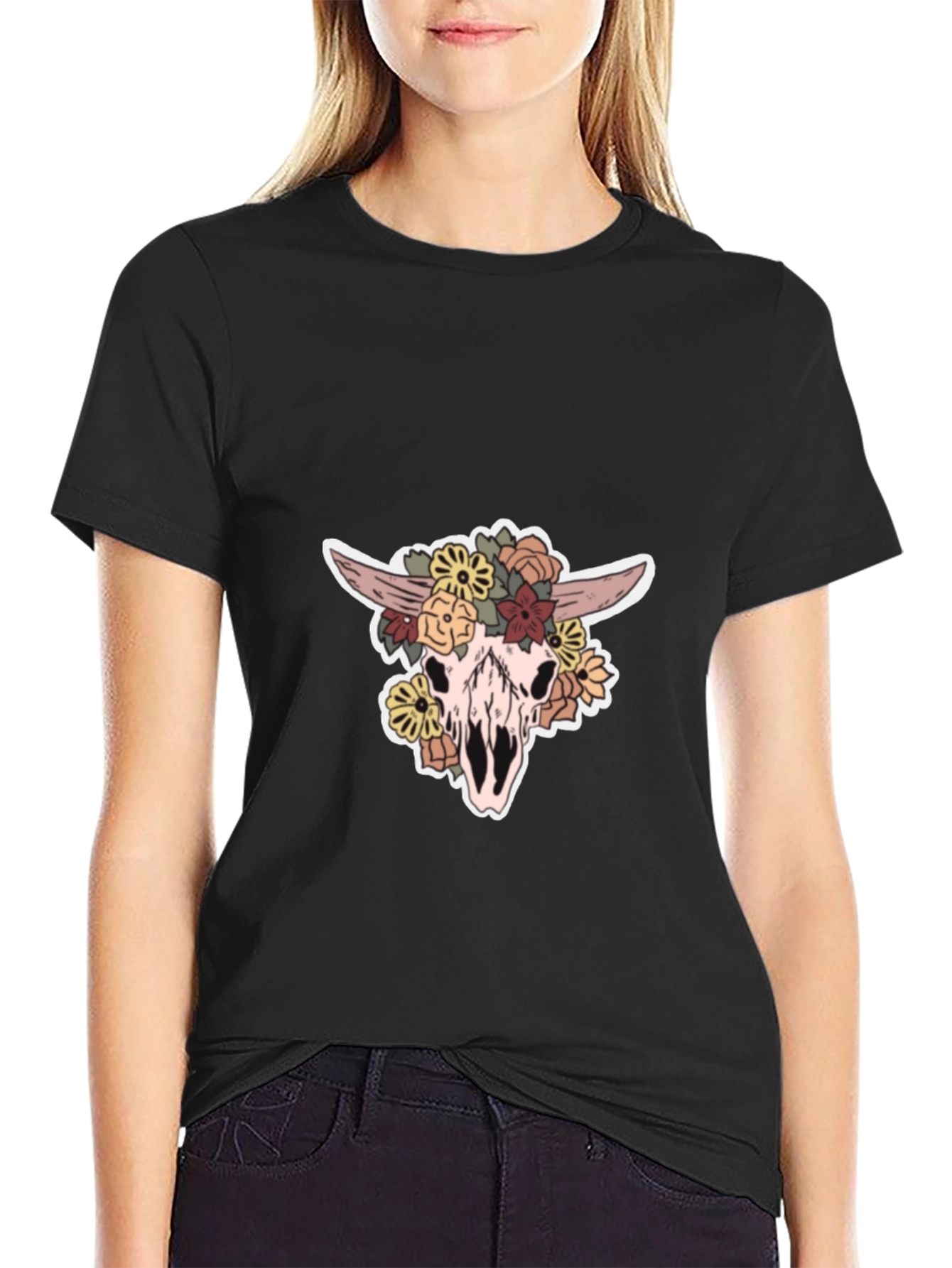 Camiseta Negra Calavera de Vaca con Flores