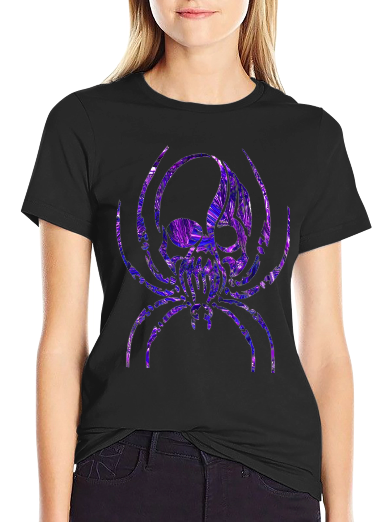Camiseta Negra con Diseño de Araña Cráneo Psicodélico