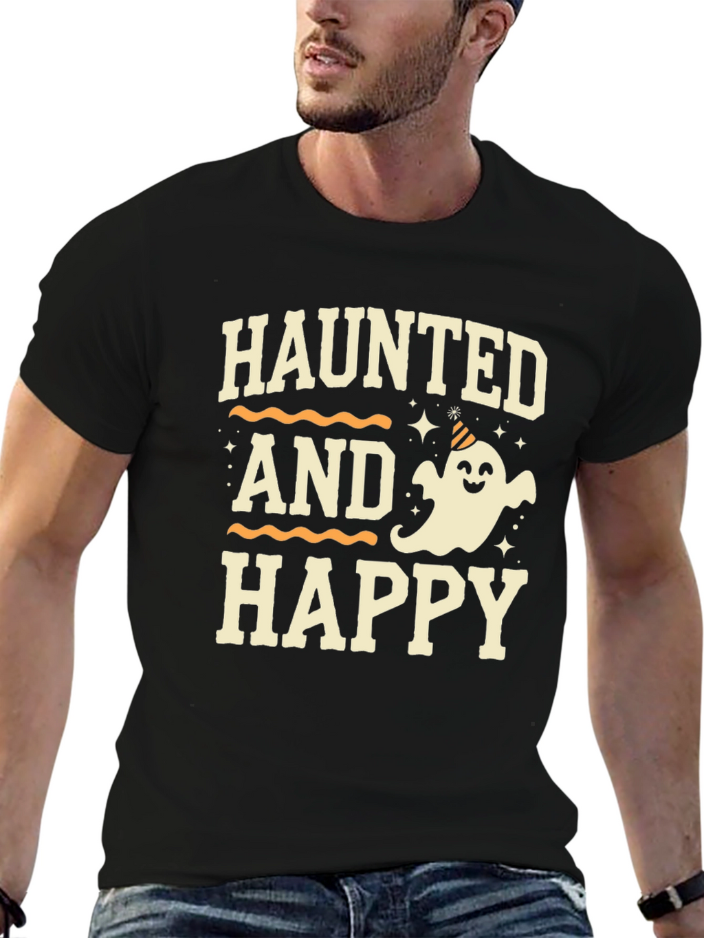 Camiseta Halloween Haunted and Happy Negra