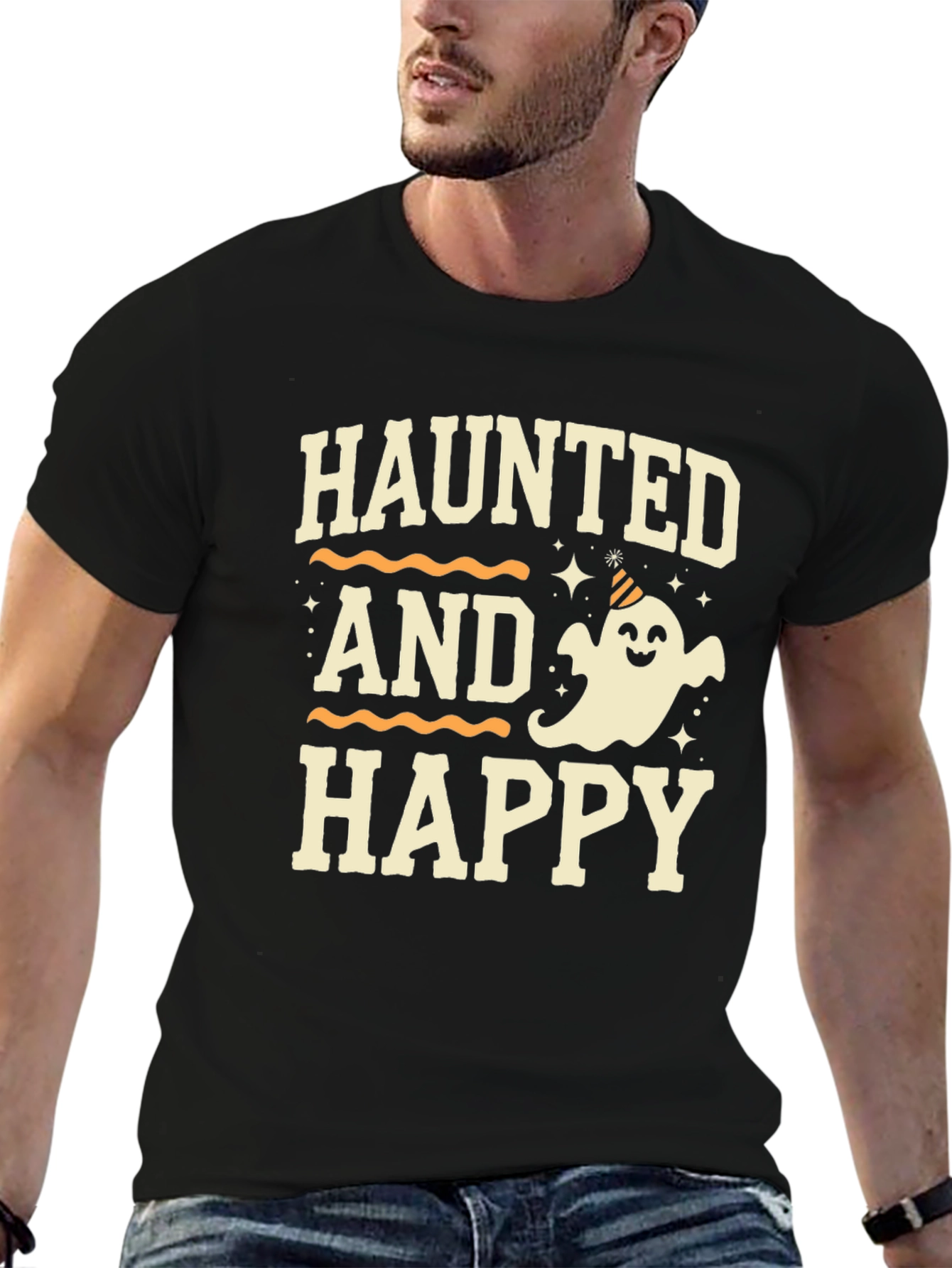 Camiseta Halloween Haunted and Happy Negra