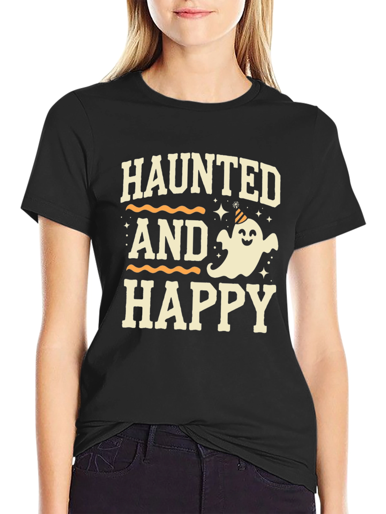 Camiseta Halloween Haunted and Happy Negra