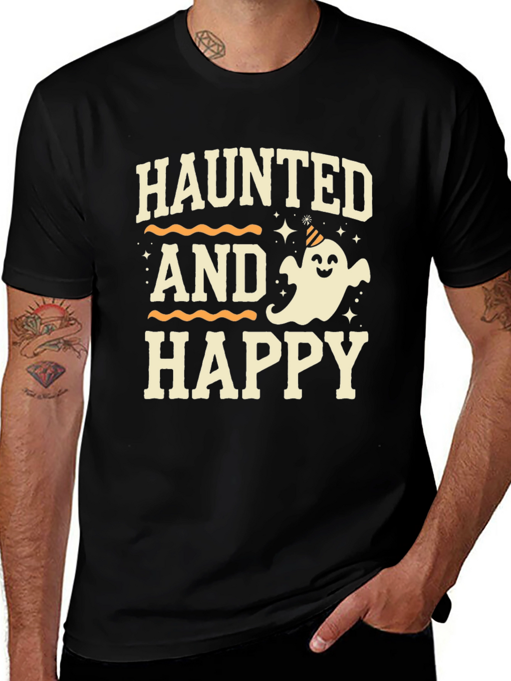 Camiseta Halloween Haunted and Happy Negra