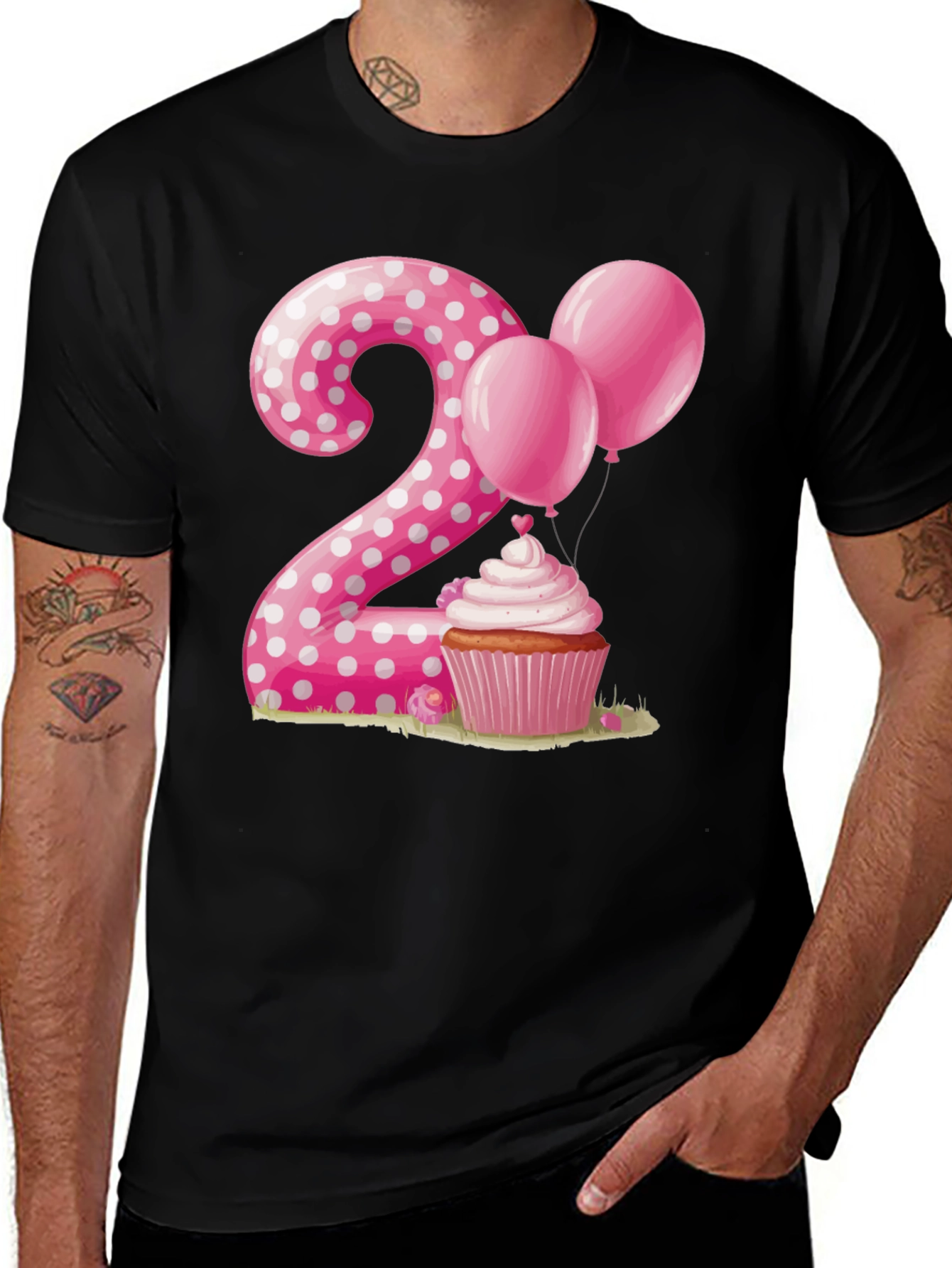 Camiseta Cumpleaños Número 2 con Cupcake y Globos Rosados
