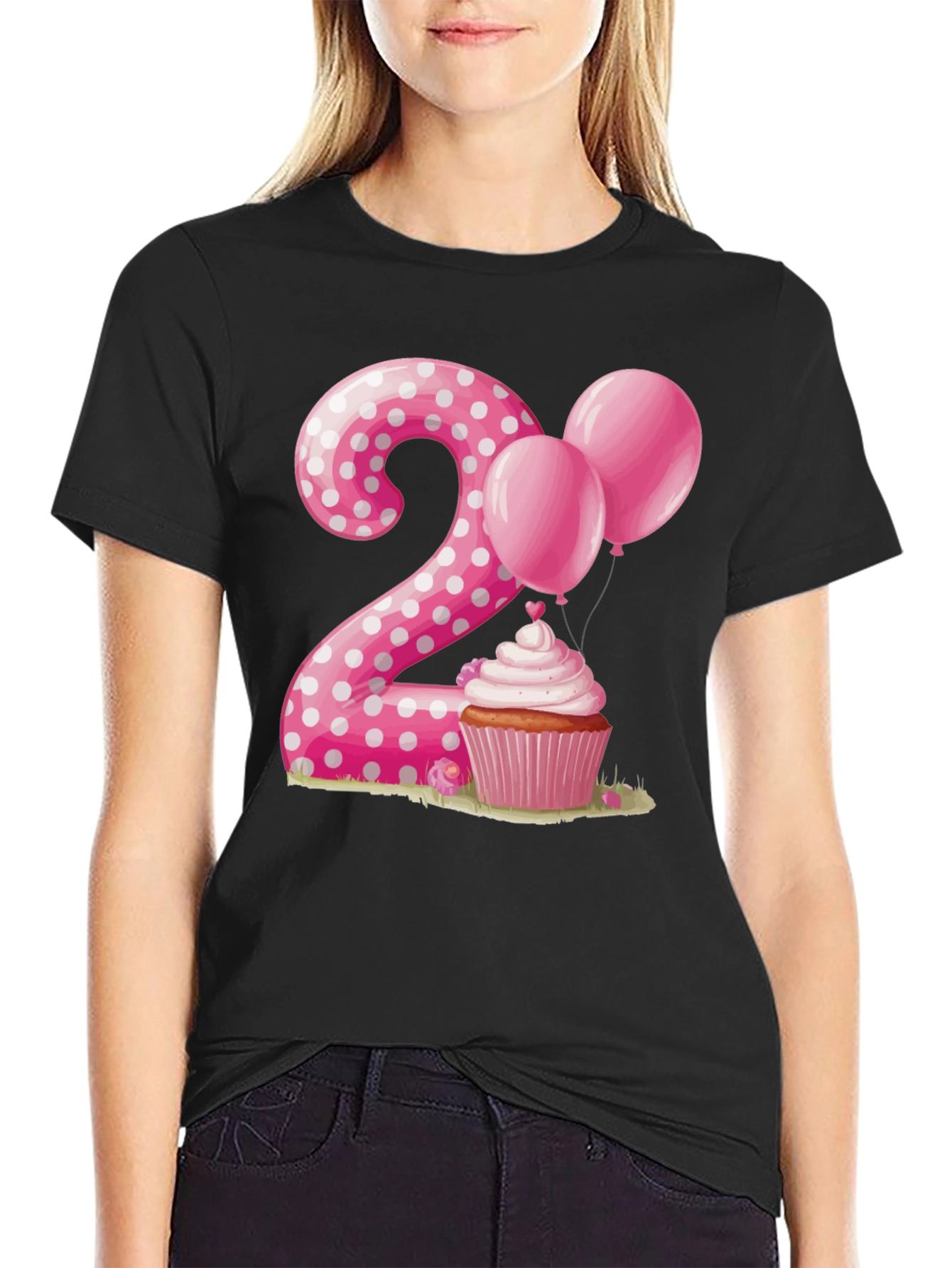 Camiseta Cumpleaños Número 2 con Cupcake y Globos Rosados