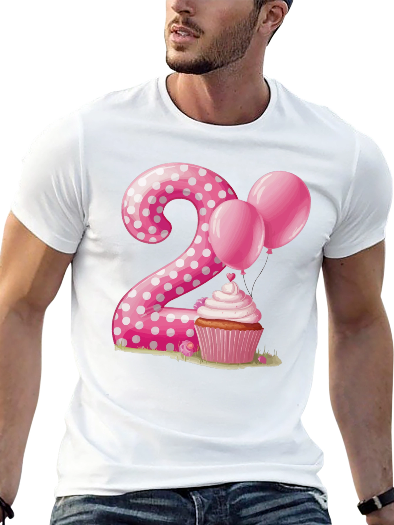 Camiseta Cumpleaños Número 2 con Cupcake y Globos Rosados