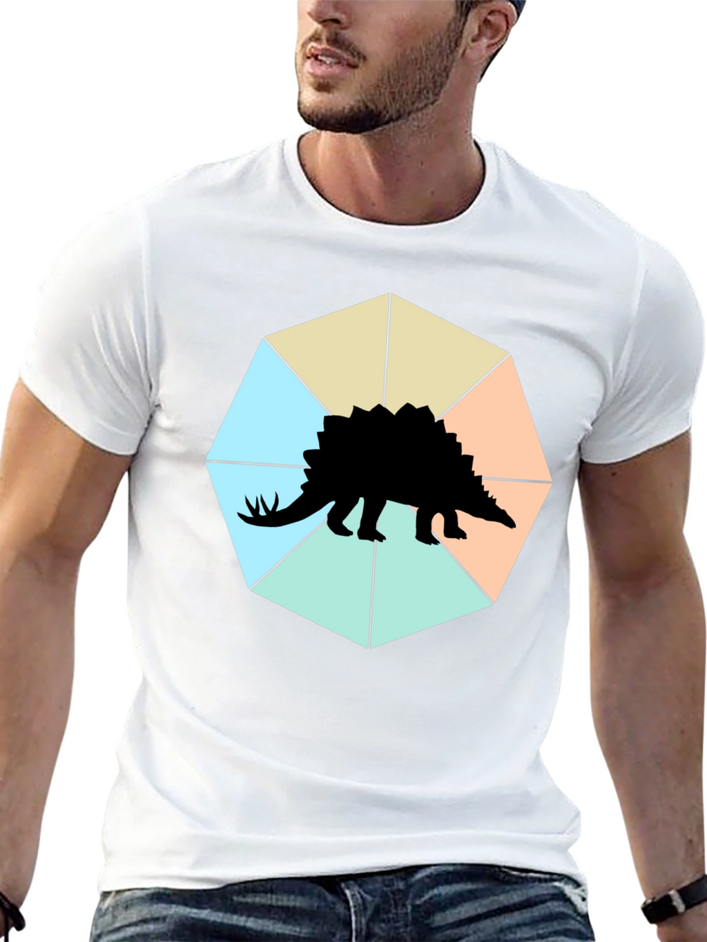 Camiseta Negra con Diseño de Estegosaurio Geométrico