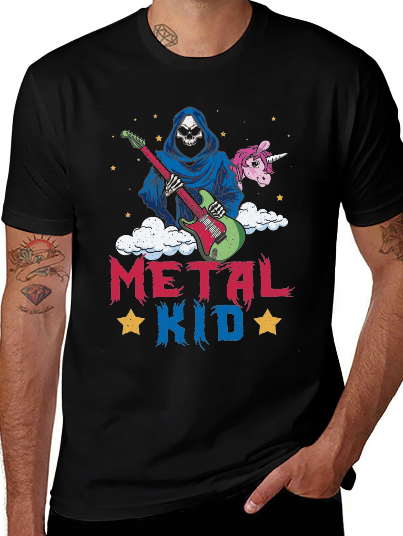 Camiseta Metal Kid con Diseño de Rockero y Unicornio