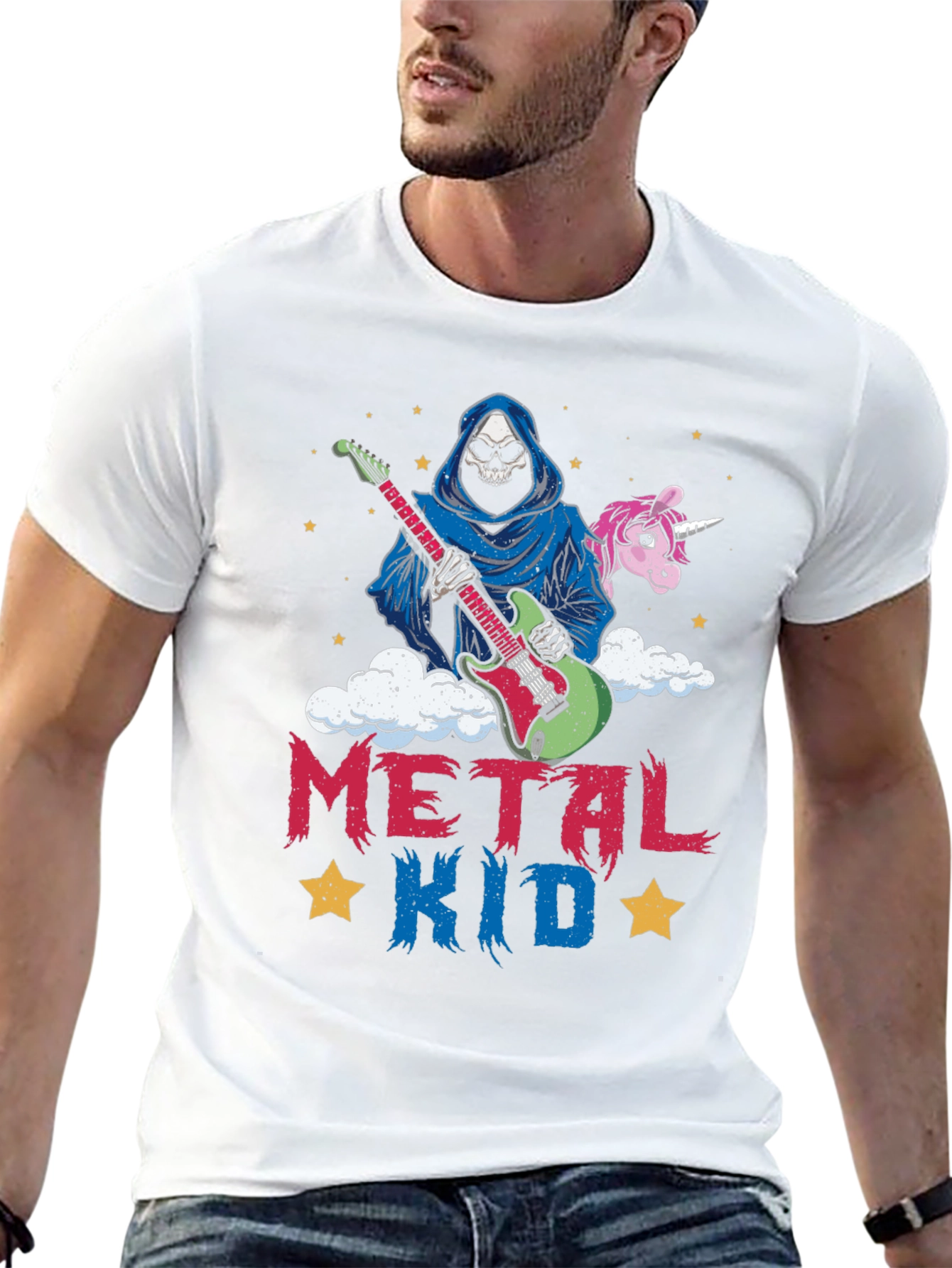 Camiseta Metal Kid con Diseño de Rockero y Unicornio