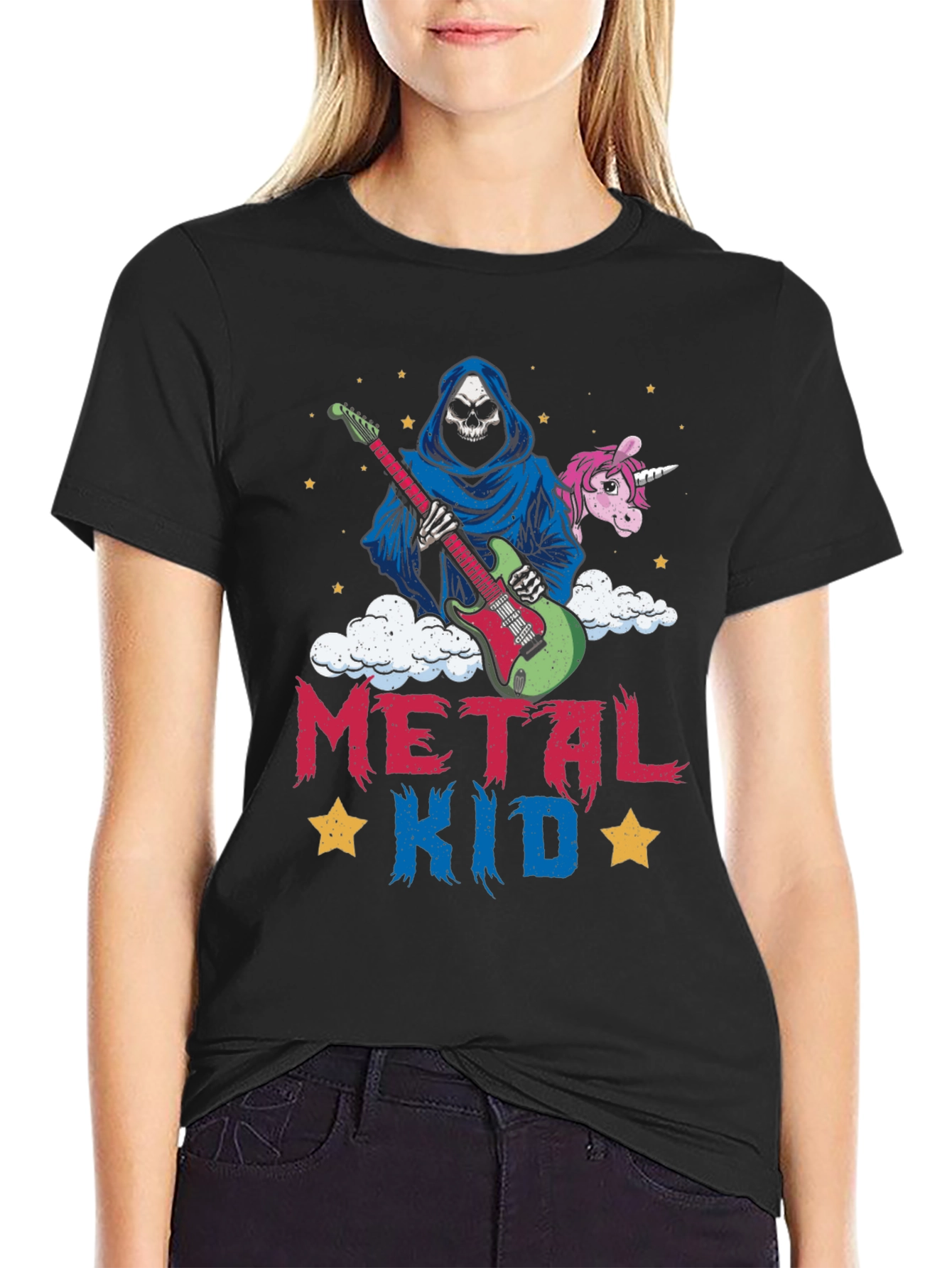 Camiseta Metal Kid con Diseño de Rockero y Unicornio