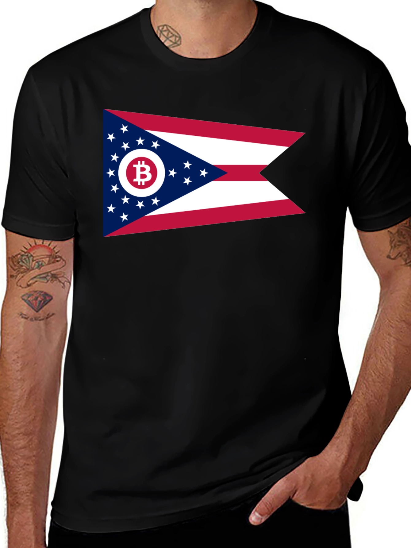 Camiseta Negra con Diseño Bandera de Ohio Bitcoin